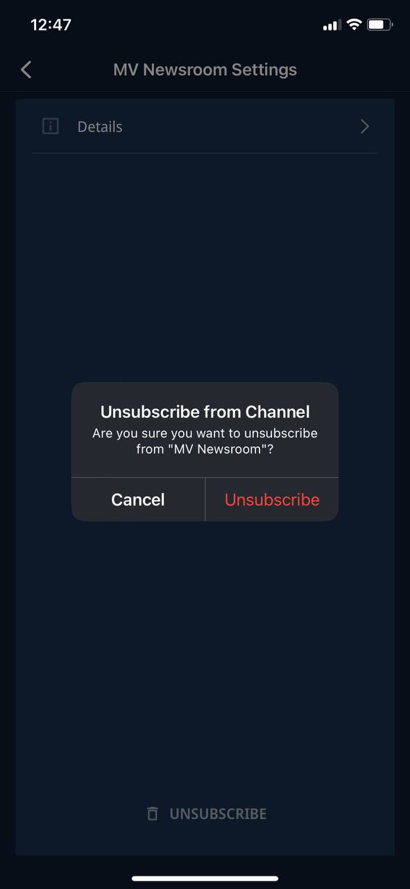 Channel unsubscription mobile